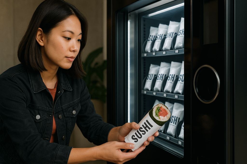 A modern twist on tradition: A shopper grabs a gourmet sushi burrito from a trendy Tokyo-style vending machine in Los Angeles.