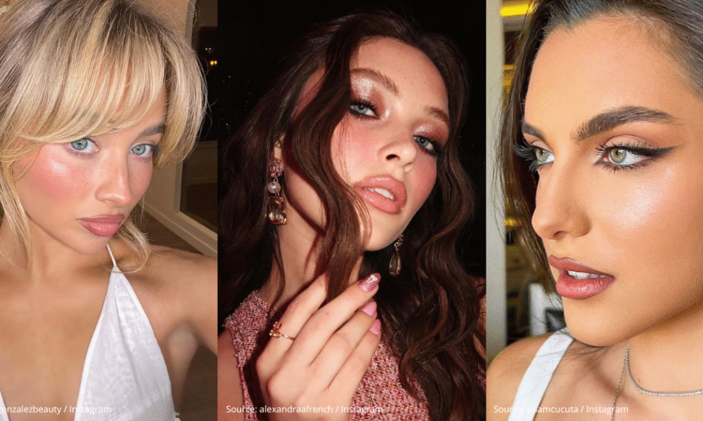 A model flaunts 2025’s hottest trend: glazed jelly blush and chrome eyeshadow under runway lights