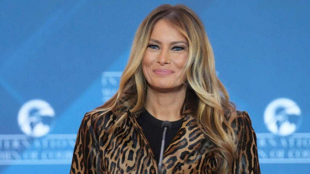 Melania Trump at a public event in 2025, exemplifying her signature elegance and style.