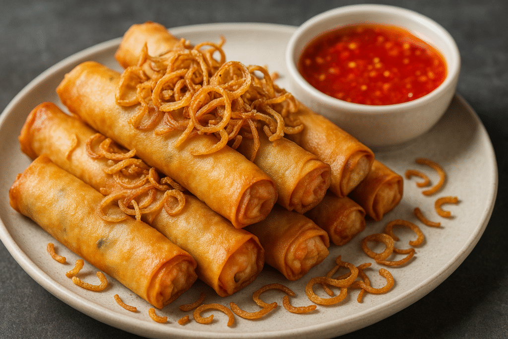 A plate of golden-brown shrimp-and-pork spring rolls, topped with fried shallots and paired with homemade chile sauce — a crispy, spicy, savory delight by Zang Toi.