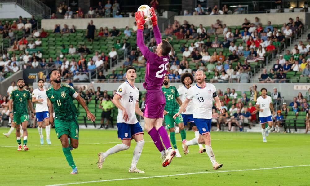 Matt Freese celebrates after his third penalty save seals a dramatic Gold Cup quarterfinal victory for the United States.
