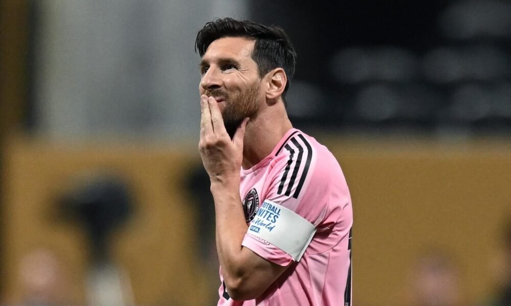 João Neves celebrates his first goal as a dejected Lionel Messi watches on during PSG’s dominant 4-0 victory in Atlanta.