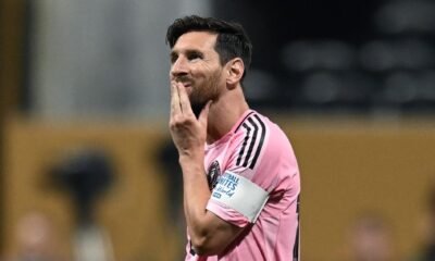 João Neves celebrates his first goal as a dejected Lionel Messi watches on during PSG’s dominant 4-0 victory in Atlanta.
