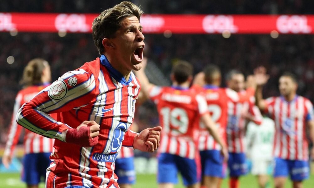 Giuliano Simeone celebrates a goal for Atlético Madrid, marking his ascent as one of football's promising talents