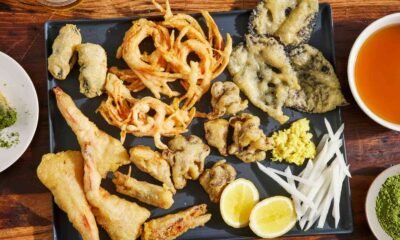 A four-part tempura platter featuring shrimp, vegetables, uni, and a Wagyu-fat-fried chocolate cookie — Chef Shota Nakajima’s genius twist on a Japanese classic.