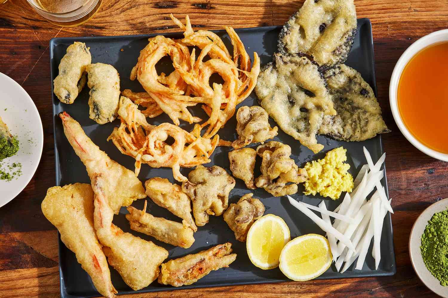 A four-part tempura platter featuring shrimp, vegetables, uni, and a Wagyu-fat-fried chocolate cookie — Chef Shota Nakajima’s genius twist on a Japanese classic.