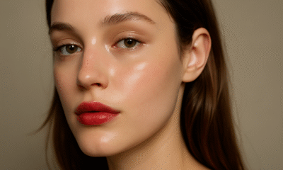 A model embraces the French Gloss Look — dewy skin, glossed eyelids, and blurred cherry lips define 2025’s signature beauty aesthetic.
