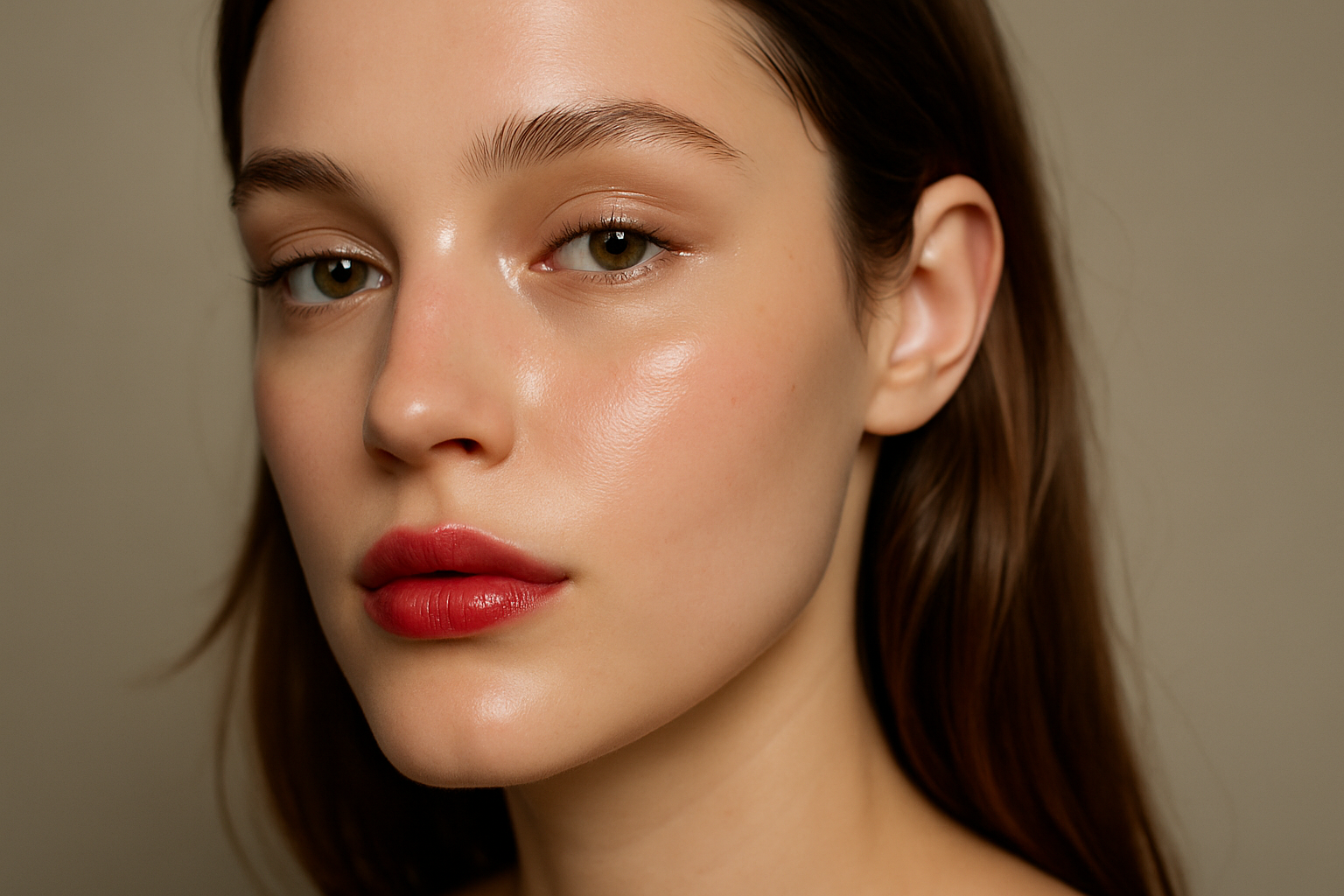 A model embraces the French Gloss Look — dewy skin, glossed eyelids, and blurred cherry lips define 2025’s signature beauty aesthetic.
