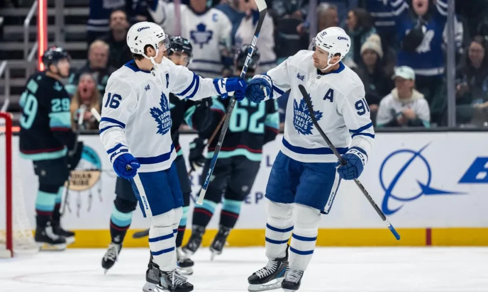John Tavares during a home game at Scotiabank Arena — the Maple Leafs captain has signed on for four more seasons with Toronto.