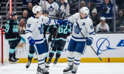 John Tavares during a home game at Scotiabank Arena — the Maple Leafs captain has signed on for four more seasons with Toronto.