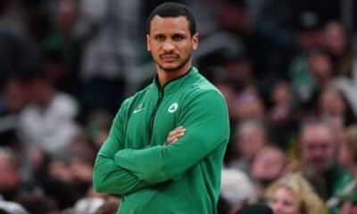 Joe Mazzulla strategizing during a Celtics game — leading Boston to their 18th NBA championship in 2024.
