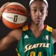 Jewell Loyd in her new Aces jersey—her 2025 move to Las Vegas marks a fresh chapter in her rising financial journey.