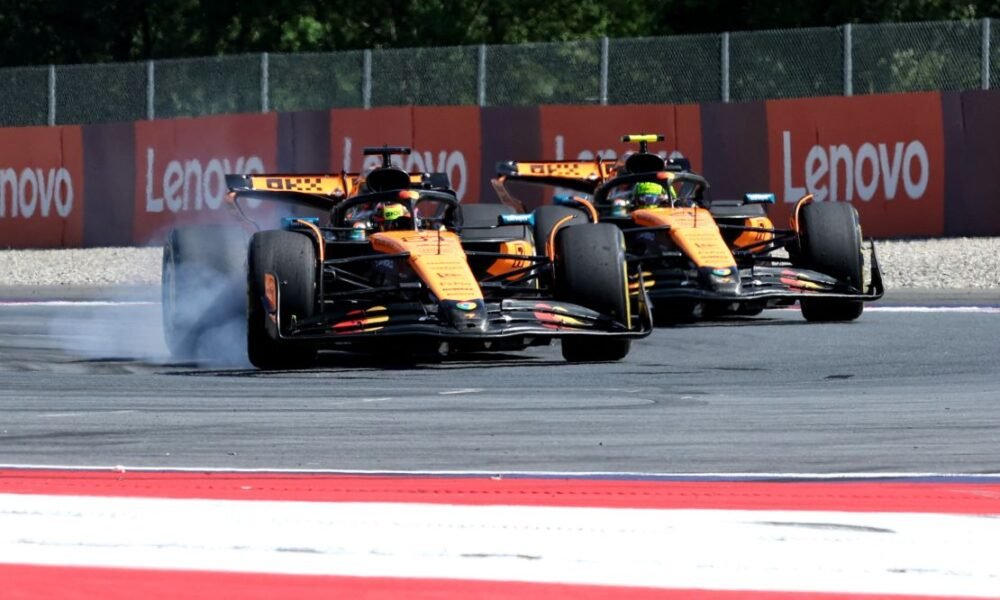 Lando Norris celebrates his Austrian Grand Prix win as Oscar Piastri trails closely behind, while Max Verstappen walks off track after a first-lap crash in one of the season’s most dramatic races.