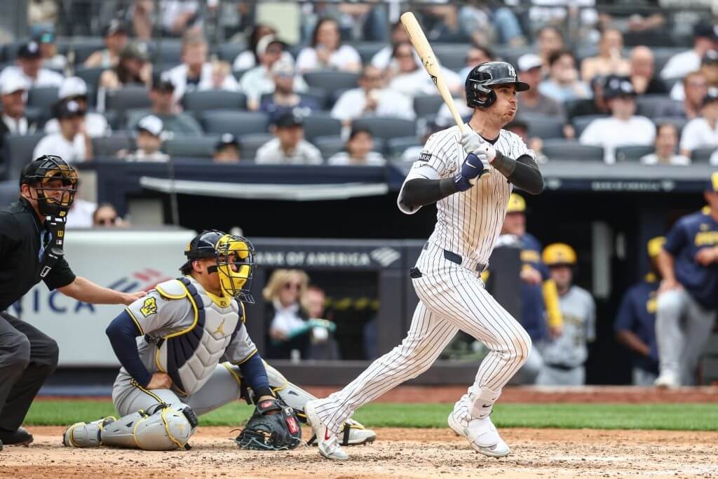 Cody Bellinger steps up to the plate as Logan Evans prepares for his first big-league start at Yankee Stadium — Yankees vs. Mariners, July 9, 2025.