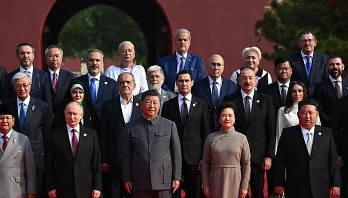 Daniel Andrews poses with Kim Jong Un and Vladimir Putin at China military parade