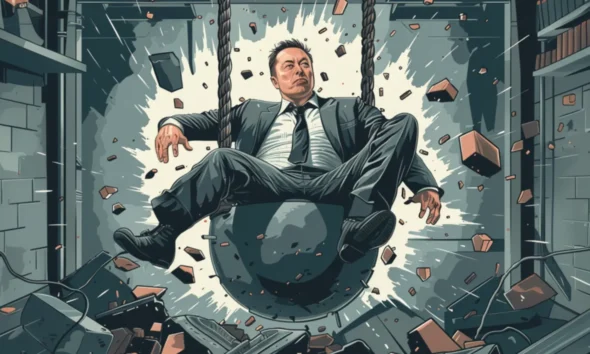 A Tesla Model Y in a California showroom as a screen shows Elon Musk’s X feed — symbolizing how a CEO’s tweets may now steer more than just cars.