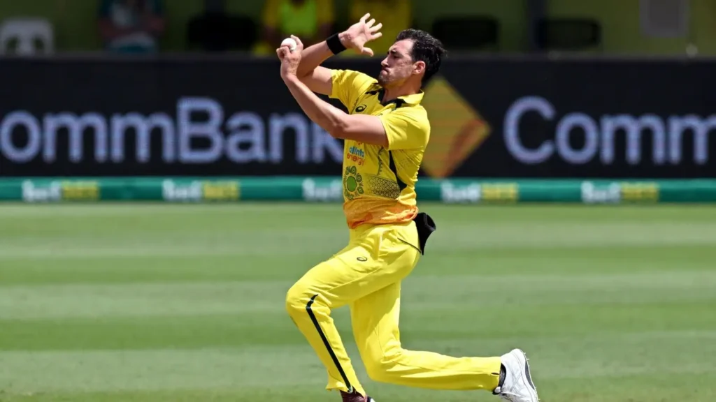 Mitchell Starc celebrates after completing his historic 10-wicket haul during the first Ashes Test at Perth’s Optus Stadium.