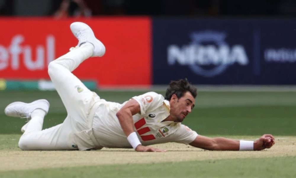 Mitchell Starc celebrates after completing his historic 10-wicket haul during the first Ashes Test at Perth’s Optus Stadium.