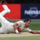 Mitchell Starc celebrates after completing his historic 10-wicket haul during the first Ashes Test at Perth’s Optus Stadium.