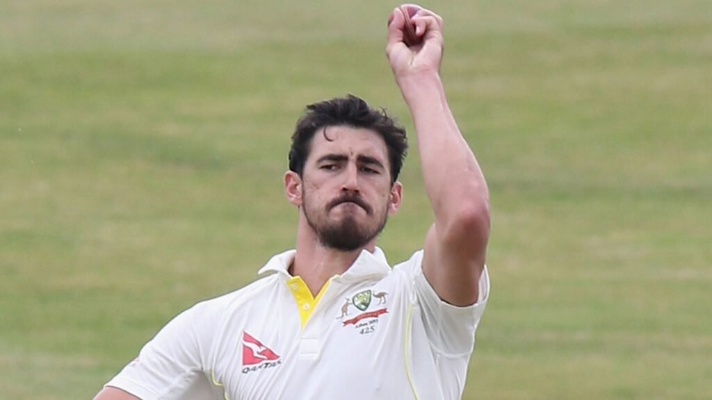 Mitchell Starc celebrates after completing his historic 10-wicket haul during the first Ashes Test at Perth’s Optus Stadium.