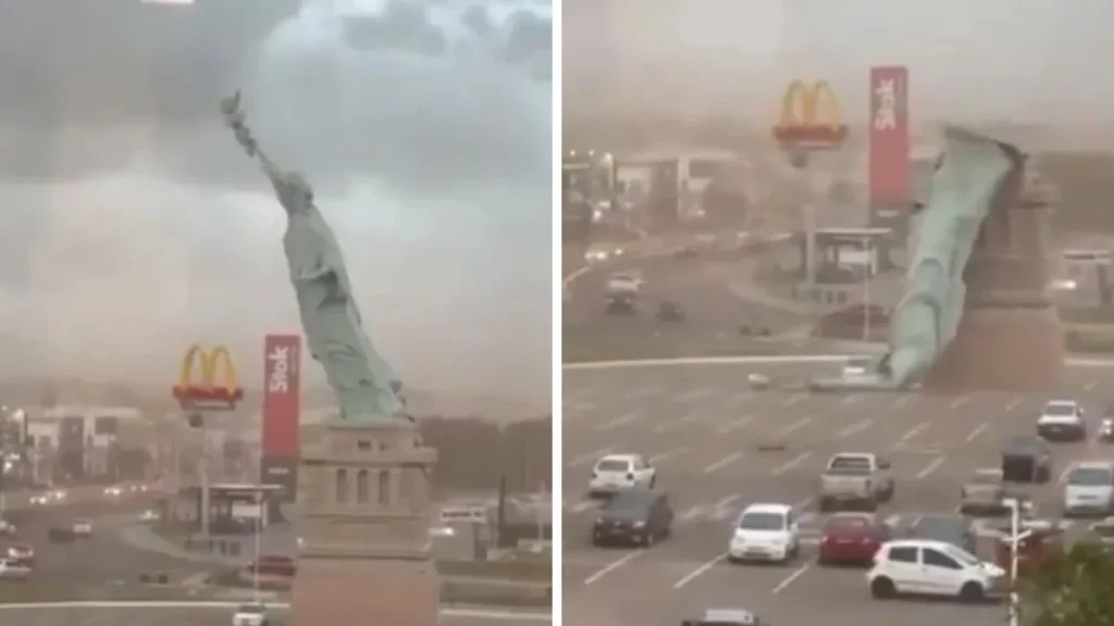 Strong Winds Topple Statue of Liberty Replica in Brazil, Massive Structure Collapses in Guaíba
