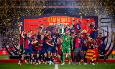 Jules Kounde celebrates his decisive brace as Barcelona secure a 2–1 Champions League comeback at Spotify Camp Nou
