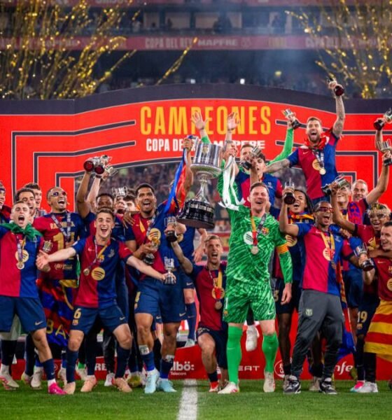 Jules Kounde celebrates his decisive brace as Barcelona secure a 2–1 Champions League comeback at Spotify Camp Nou