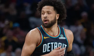 Cade Cunningham celebrates after leading the Pistons to a road win over the Celtics