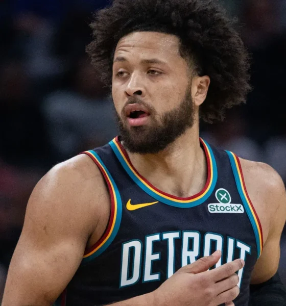 Cade Cunningham celebrates after leading the Pistons to a road win over the Celtics
